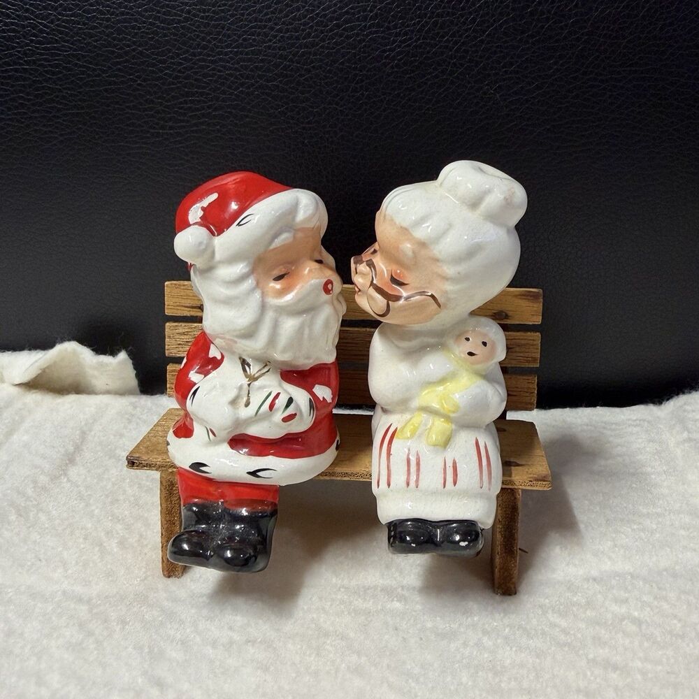 Vintage Napco Santa & Mrs Claus Salt & Pepper Shaker Sitting On Bench